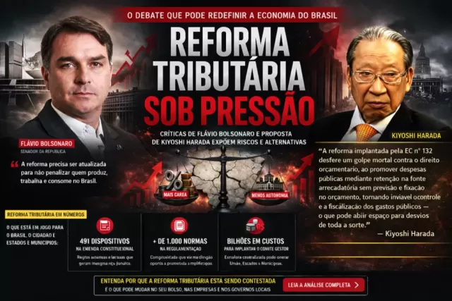 Reforma Tributária sob pressão: críticas de Flávio Bolsonaro e proposta de Kiyoshi Harada expõem risco de centralização e aumento da carga no Brasil